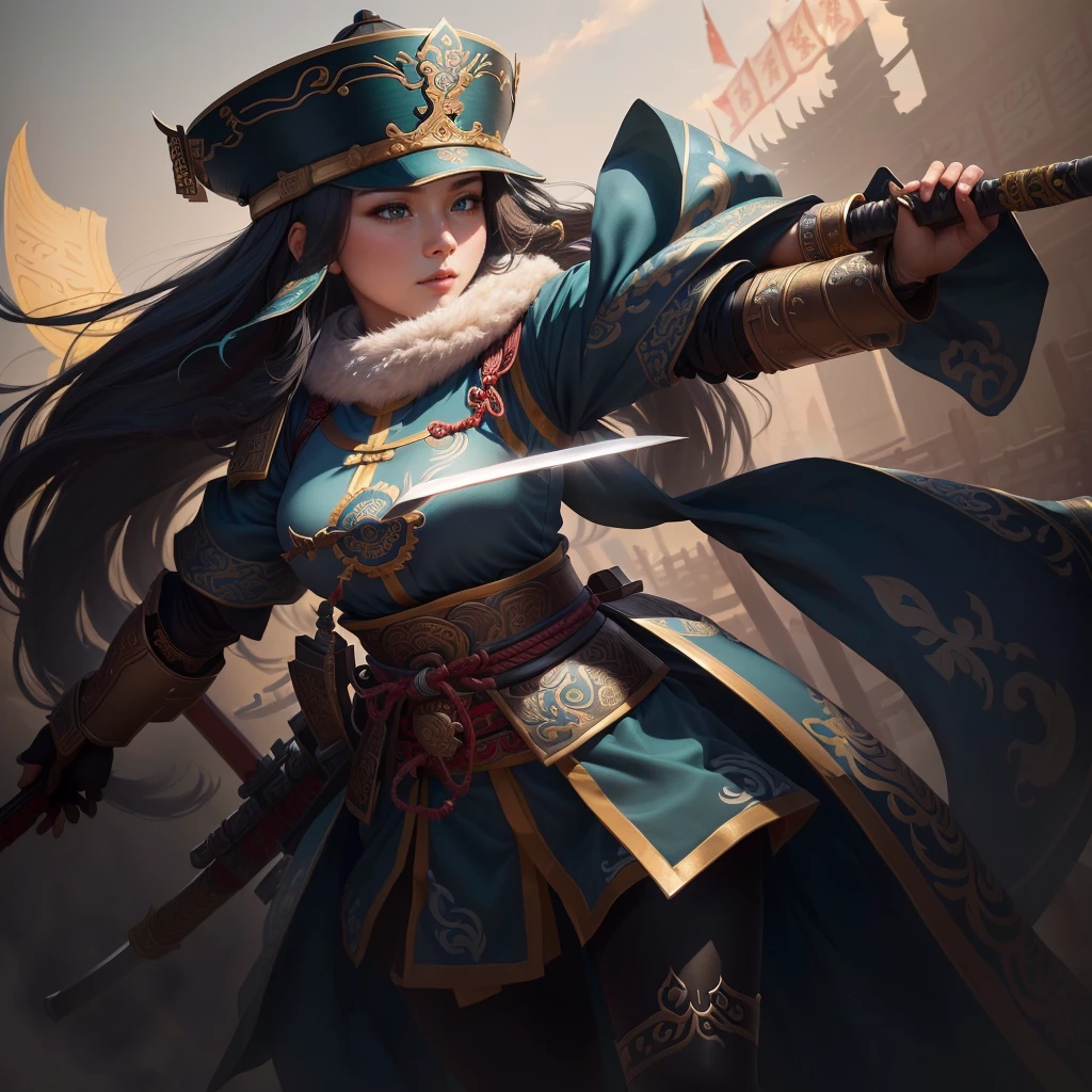 a close up of a girl with a sword and a hat, guan yu, inspired by Hu Zaobin, naranbaatar ganbold, masamune shiro, bian lian, mongol, masamune, feng shu, inspired by Cao Zhibai, inspired by Huang Ding, genghis khan, inspired by Huang Shen, zhao yun, Highly detailed CG unit 8k wallpaper, masterpiece, High resolution, highest quality, highest quality real texture skin, Super Real, Digital Painting, Best image quality, 最High resolution, 8k, ((Highly detailed eyes and face, Beautiful eyes every detail)), 1girl, Full Body Shot, 1girl,