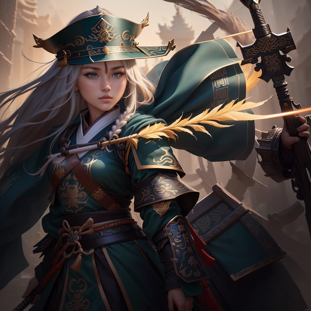 a close up of a girl with a sword and a hat, guan yu, inspired by Hu Zaobin, naranbaatar ganbold, masamune shiro, bian lian, mongol, masamune, feng shu, inspired by Cao Zhibai, inspired by Huang Ding, genghis khan, inspired by Huang Shen, zhao yun, Highly detailed CG unit 8k wallpaper, masterpiece, High resolution, highest quality, highest quality real texture skin, Super Real, Digital Painting, Best image quality, 最High resolution, 8k, ((Highly detailed eyes and face, Beautiful eyes every detail)), 1girl, Full Body Shot, 1girl, 