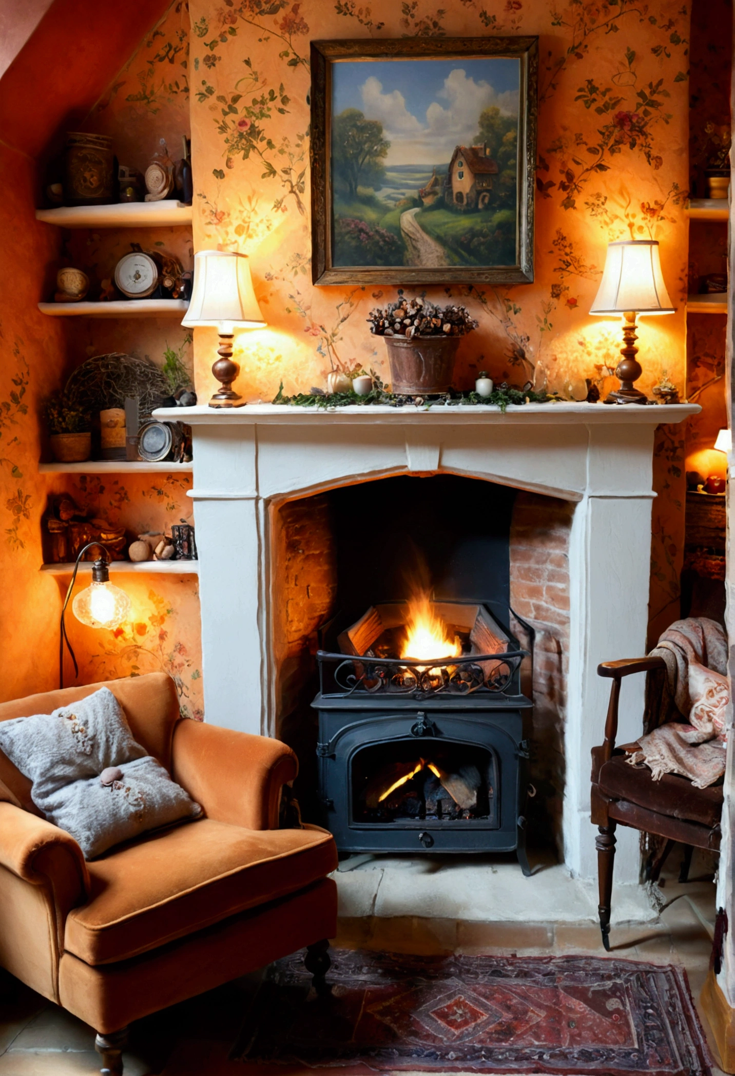arafed room with a fireplace and a chair in it, cozy place, cozy wallpaper, cozy room, cozy home background, cozy environment, cosy enchanted scene, cozy and peaceful atmosphere, cozy atmospheric, cozy and calm, cozy lighting, warm interior, cozy setting, cozy atmosphere, cosy atmoshpere, pleasant cozy atmosphere, cozy living room background
