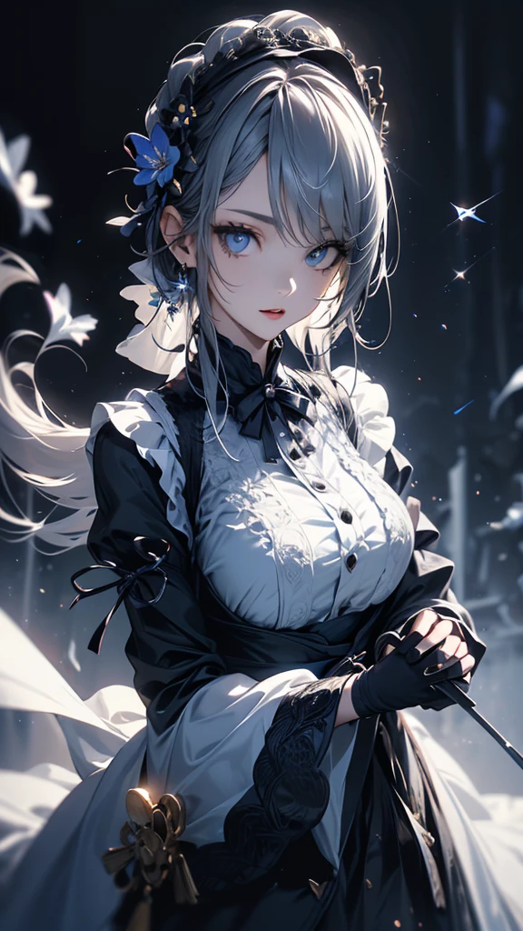 masterpiece, high quality, 4K, Beautiful design, silhouette,Gray Hair, 非常に詳細な夜のStarry Sky,Flower Field, wonderful, Finer details, Very knowledgeable woman, Highly detailed solo, 1 female,Big Breasts,Gothic Lolita Fashion,Hold the fan in front of your chest.,Night view,Starry Sky,full moon,