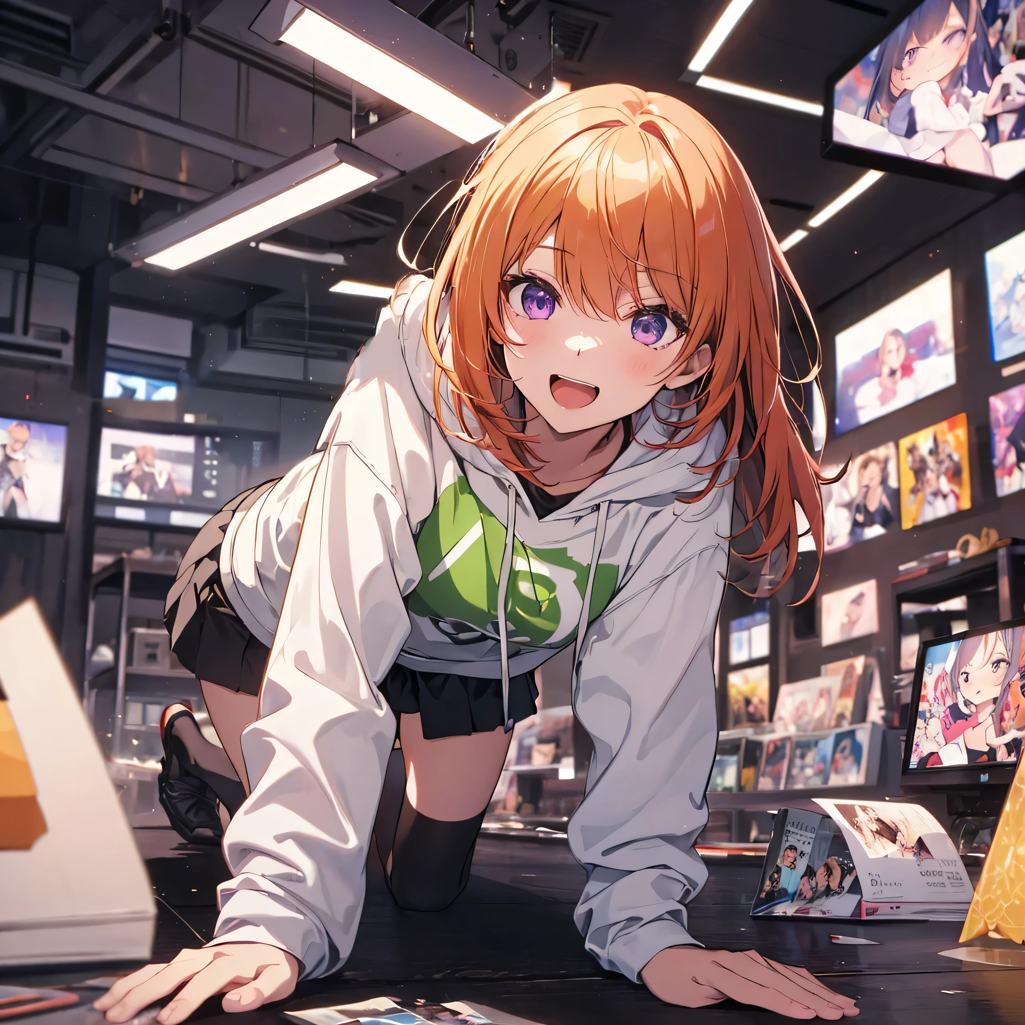 (Recall,On all fours:1.3),(Camel Toe:1.3),Highest quality,Best image quality,Perfect Anatomy,masterpiece,Ultra-detailed,beautiful,super high quality, Highest quality,High resolution, Very detailed,Game CG,Dutch Angle ,Beautiful attention to detail,Visual Arts,Five Fingers, Perfect hands,Hide your hands, {{{One Girl}}}, Beautiful detailed girls, Game CG, Spring flower, One curl on the outside, Short Bob Hair, pastel orange hair, Purple eyes,Stylish accessories solo, breast enhancement, Medium Shoot, woman, Take-out, Laughter, huge ,,Pastel green checkered mini skirt,Black knee-highs, {{{{{Wearing a pastel green hoodie}}}}},Open your mouth, Daytime Classroom, wonderful, Beautiful attention to detail, Highest quality, Very delicate,Masseter muscle area,Highest quality,(Official Art、Highest quality、Unity 8k wallpaper、32k、masterpiece、Ultra-detailed、超High resolution、Realistic、Photorealistic:1.2)、(Cinema Lighting:1.2)、Fire Glow Effect、The most grainy shadows on the film、Side light、Side Shot、(Ultra-detailed and intricate 3D rendering)、Atelier Series,