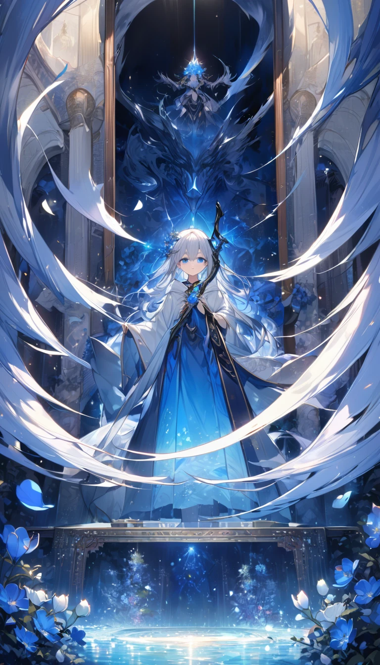 Highest quality,masterpiece,Detailed Details,Super detailed,colorful,The background is the deep blue sea,Transparency,Use HDR technology to create a sense of depth,beautiful,beautiful自然,Sacred atmosphere,8-year-old girl,Alone,Wearing starry wizard robes,Stand in the center of the screen,The whole body faces this way,Look diagonally forward to the left,He holds a dark blue scythe in his right hand.,Narrow and gentle eyes,mysterious,Silver hair decorated with blue flowers,Fantasy atmosphere,beautiful虹色の蝶々is flying in the air