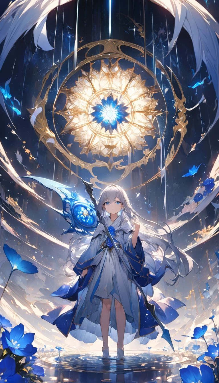 Highest quality,masterpiece,Detailed Details,Super detailed,colorful,The background is the deep blue sea,Transparency,Use HDR technology to create a sense of depth,beautiful,beautiful自然,Sacred atmosphere,8-year-old girl,Alone,Wearing starry wizard robes,Stand in the center of the screen,The whole body faces this way,Look diagonally forward to the left,He holds a dark blue scythe in his right hand.,Narrow and gentle eyes,mysterious,Silver hair decorated with blue flowers,Fantasy atmosphere,beautiful虹色の蝶々is flying in the air