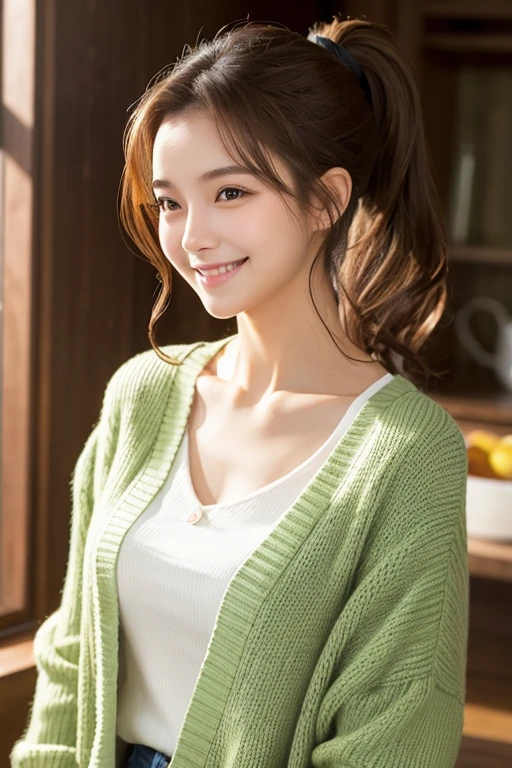 A young woman with shoulder-length, wavy brown hair tied in a loose ponytail、Wearing a green cardigan and a white undershirt。She is smiling brightly、Have a naturally glowing skin。The background is softly lit、Creating a warm and comfortable atmosphere。The overall mood is、It&#39;s bright and calm。Please use photo-realistic images。