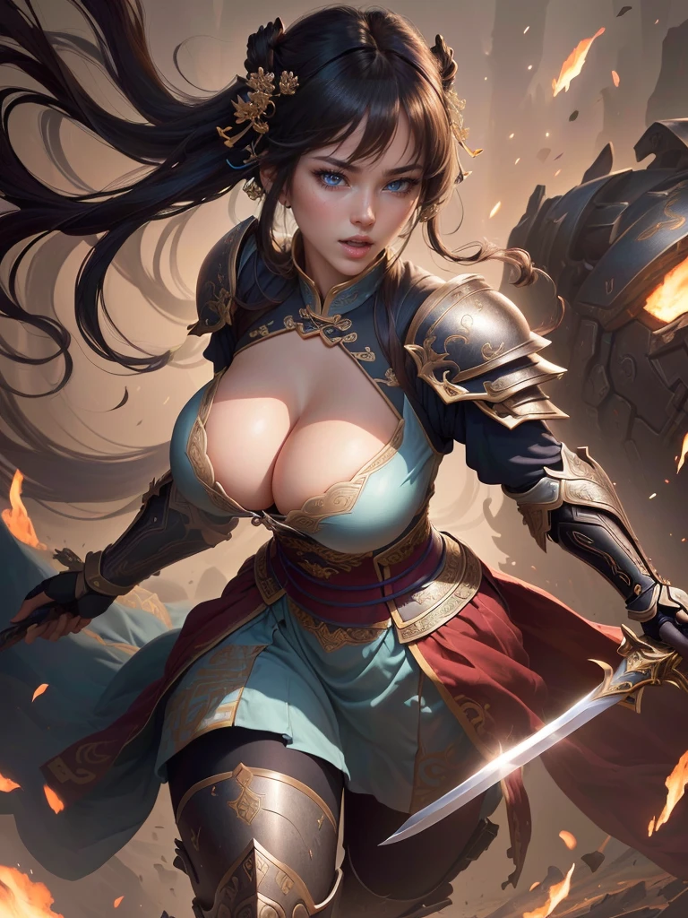 a close up of a woman in armor holding a sword, inspired by Ju Lian, inspired by Li Mei-shu, yun ling, g liulian art style, by Yang J, bian lian, xianxia hero, inspired by Pu Hua, inspired by Guo Chun, by Qu Leilei, yang qi, inspired by Lan Ying, inspired by Li Tang, Saggy ???????, Gravity-dependent ???????, long ?????, Heavy ?????, disproportionate ???????, ????????????, sagging ???????, ????????????????, angry, shout, open your mouth wide, Highly detailed CG unit 8k wallpaper, masterpiece, High resolution, highest quality, highest quality real texture skin, Super Real, Digital Painting, Best image quality, 最High resolution, 8k, ((Highly detailed eyes and face, Beautiful eyes every detail)),