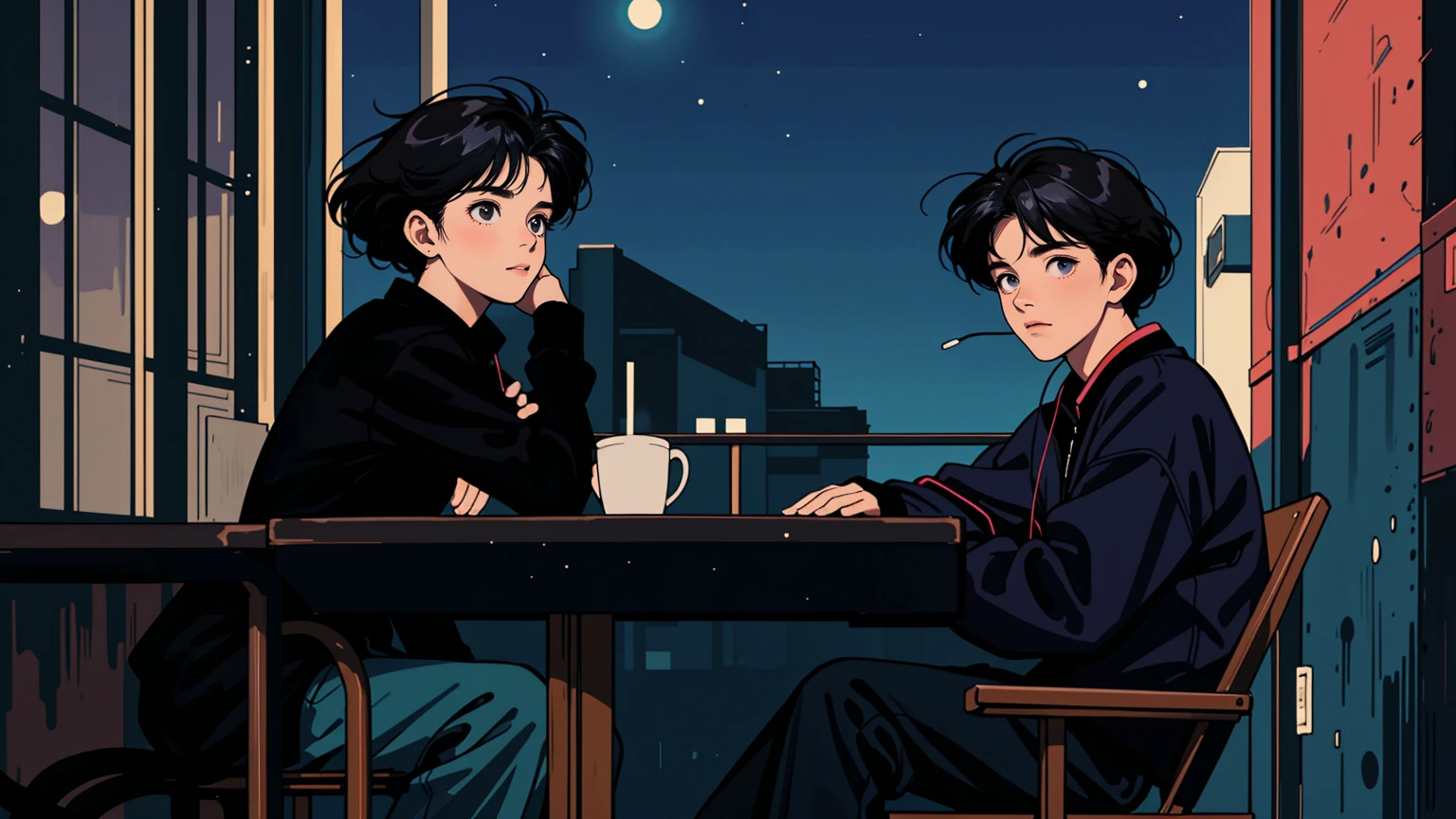 best quality, 8k, 1990s style,2010s hairstyles, 21-year-old boy, black hair,  light brown eyes, city pop, pants ,night view, wearing headphones, whole body,  relax coffee,table,confection,Looking at me, Black cat
