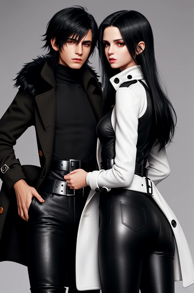 Final fantasy taste and reality graphics, Japanese young cute and cool ikemen boy and cute and beauty girl,,boy and girl couple, both age is early 20s, thin eyebrows and beady eyes, girl is black long hair, boy wearing orange beige color double brest very thick trench coat, with a black color neck fur.,neck fur is black color, must black neck fur,
Must tighten your belt of coat, with epaulet, must close the front of the trench coat,, must trench coat cloth the front, also wearing black very thick turtleneck lackluster shirts, tight black leather pants, shiny black leather tight and must put on a thin leather glove both hands, black leather knee-high raceup boots,
Girl wearing white colordouble brest very thick long coat,Must tighten your belt of coat, must trench coat cloth the front, also wearing black very thick turtleneck lackluster shirts, tight black leather pants, shiny black leather tight and must put on a thin leather glove both hands, black leather knee-high raceup boots,must views head-to-toe,must views whole body, boy and girl looks like fashion model,Do not show skin from the neck down,leather jacket leather glove and leather pants have few wrinkles,boy in the room,,Avoid showing your innerwear,must close coats waist belt.