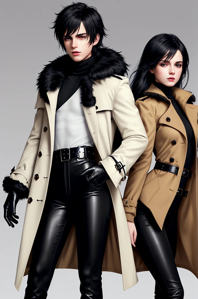 Final fantasy taste and reality graphics, Japanese young cute and cool ikemen boy and cute and beauty girl,,boy and girl couple, both age is early 20s, thin eyebrows and beady eyes, girl is black long hair, boy wearing orange beige color double brest very thick trench coat, with a black color neck fur.,neck fur is black color, must black neck fur,
Must tighten your belt of coat, with epaulet, must close the front of the trench coat,, must trench coat cloth the front, also wearing black very thick turtleneck lackluster shirts, tight black leather pants, shiny black leather tight and must put on a thin leather glove both hands, black leather knee-high raceup boots,
Girl wearing white colordouble brest very thick long coat,Must tighten your belt of coat, must trench coat cloth the front, also wearing black very thick turtleneck lackluster shirts, tight black leather pants, shiny black leather tight and must put on a thin leather glove both hands, black leather knee-high raceup boots,must views head-to-toe,must views whole body, boy and girl looks like fashion model,Do not show skin from the neck down,leather jacket leather glove and leather pants have few wrinkles,boy in the room,,Avoid showing your innerwear,must close coats waist belt.