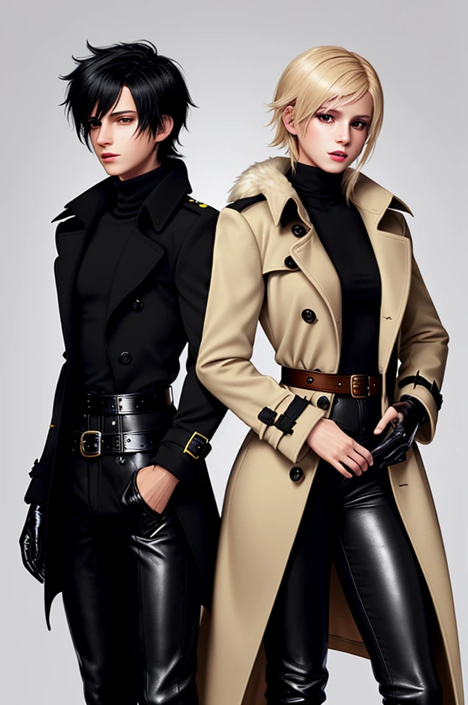 Final fantasy taste and reality graphics, Japanese young cute and cool ikemen boy and cute and beauty girl,,boy and girl couple, both age is early 20s, thin eyebrows and beady eyes, girl is black long hair, boy wearing orange beige color double brest very thick trench coat, with a black color neck fur.,neck fur is black color, must black neck fur,
Must tighten your belt of coat, with epaulet, must close the front of the trench coat,, must trench coat cloth the front, also wearing black very thick turtleneck lackluster shirts, tight black leather pants, shiny black leather tight and must put on a thin leather glove both hands, black leather knee-high raceup boots,
Girl wearing white colordouble brest very thick long coat,Must tighten your belt of coat, must trench coat cloth the front, also wearing black very thick turtleneck lackluster shirts, tight black leather pants, shiny black leather tight and must put on a thin leather glove both hands, black leather knee-high raceup boots,must views head-to-toe,must views whole body, boy and girl looks like fashion model,Do not show skin from the neck down,leather jacket leather glove and leather pants have few wrinkles,boy in the room,,Avoid showing your innerwear,must close coats waist belt.