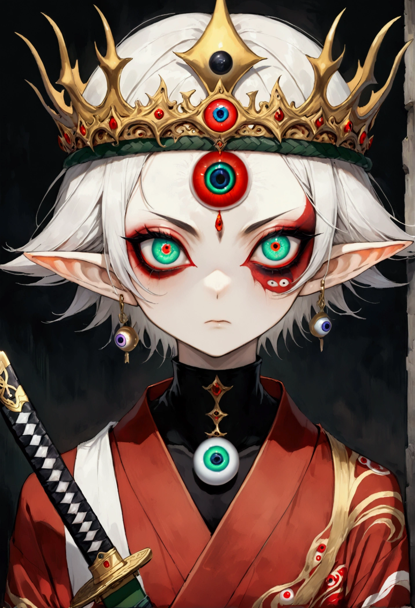 Japanese Anime，Second Dimension，Horror style，horror character，(((Three-eyed boy，third eye on the forehead:1.1.Dark eyeshadow，White short hair，Elf ears，Exaggerated golden crown-eyeball decoration))),(((Gorgeous Japanese red kimono，Eye pattern，Dark Pattern))).(((Thin waist，Green belt：1.6))).(((Katana in hand)))，(style of santiago caruso,Tattoo on the neck)，Ink smudged black background blur
