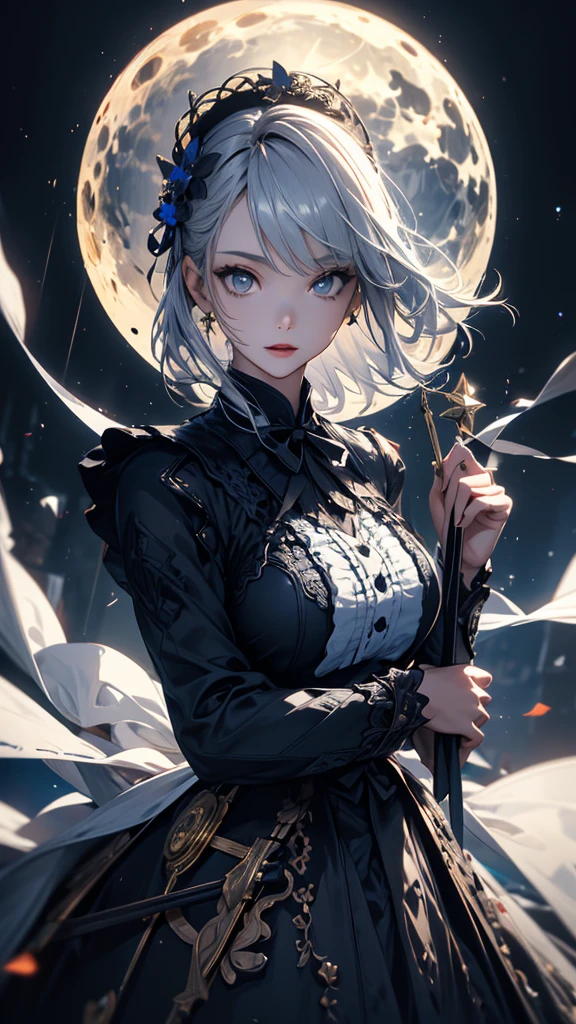 masterpiece, high quality, 4K, Beautiful design, silhouette,Gray Hair, 非常に詳細な夜のStarry Sky,Flower Field, wonderful, Finer details, Very knowledgeable woman, Highly detailed solo, 1 female,Red eyes,Big Breasts,Gothic ta Fashion,cross,Night view,Starry Sky,full moon,