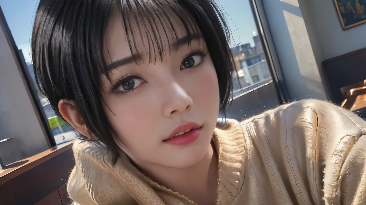 (masterpiece:1.3), (8k, Realistic, RAW Photos, Highest quality: 1.4), (One girl), Beautiful Face, (Realistic Face), (Black Hair, short hair:1.3), Beautiful hairstyle, Realistic eyes, Beautiful attention to detail, (Realistic Skin), Beautiful Skin, (sweater), Absurd, Charm, Ultra-high resolution, Ultra-realistic, Very detailed, Golden Ratio, Photographed inside the cafe