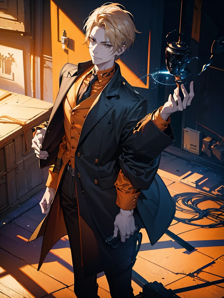a man,Slender and tall,prisoner, Perfect male body,Looking at the camera, (Orange prison uniform, Hold your arms tight, Smile, cell),portrait,Dramatic shadows,Ray Tracing, best quality, light, Extremely detailed CG, 8k wallpaper,complicated