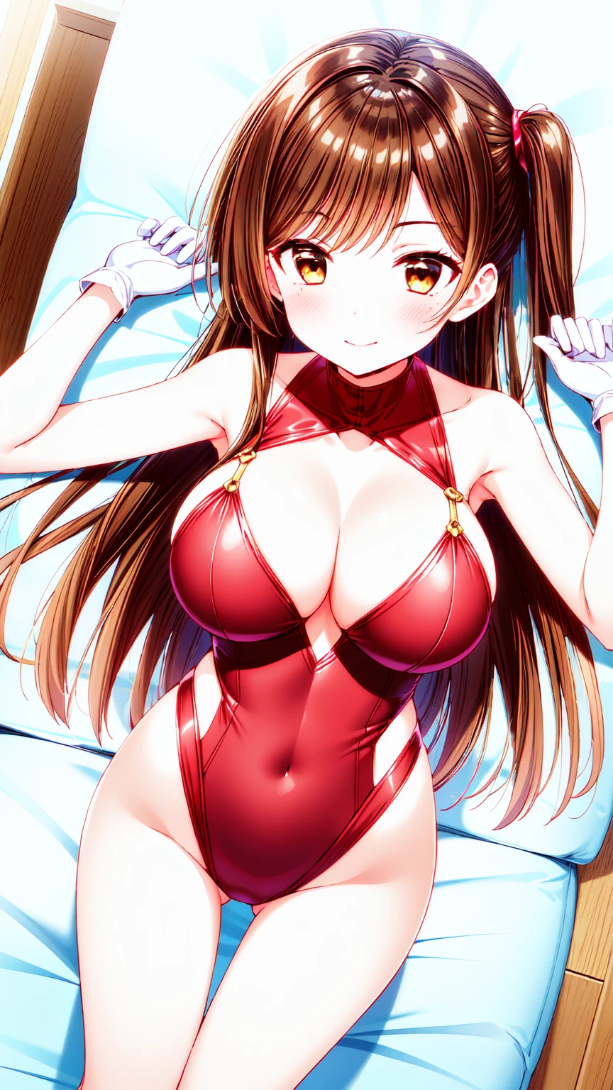 1girl, chizuru ichinose, long hair, bangs, brown hair, (brown eyes:1.5), one side up, gloves, solo, large breast, bunny suit, lying, looking at viewer, smile, thigh gap