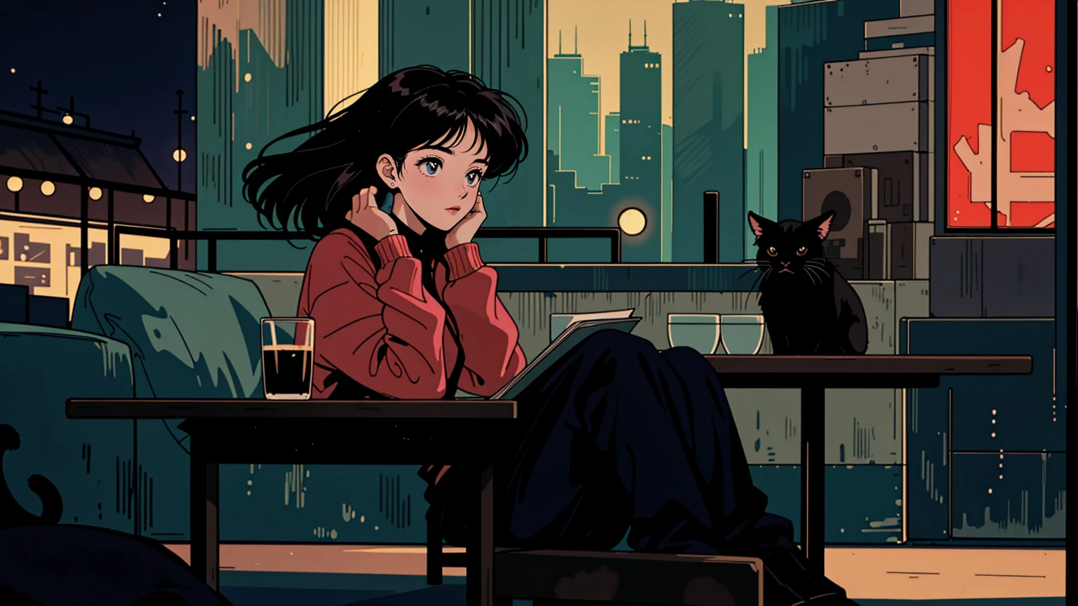 best quality, 8k, 1990s style,2010s hairstyles, 21 year old girl, black hair, long hair, light brown eyes, city pop, pants ,night view, wearing headphones, whole body, relax coffee,table,confection,Looking at me, Black cat, girl studying