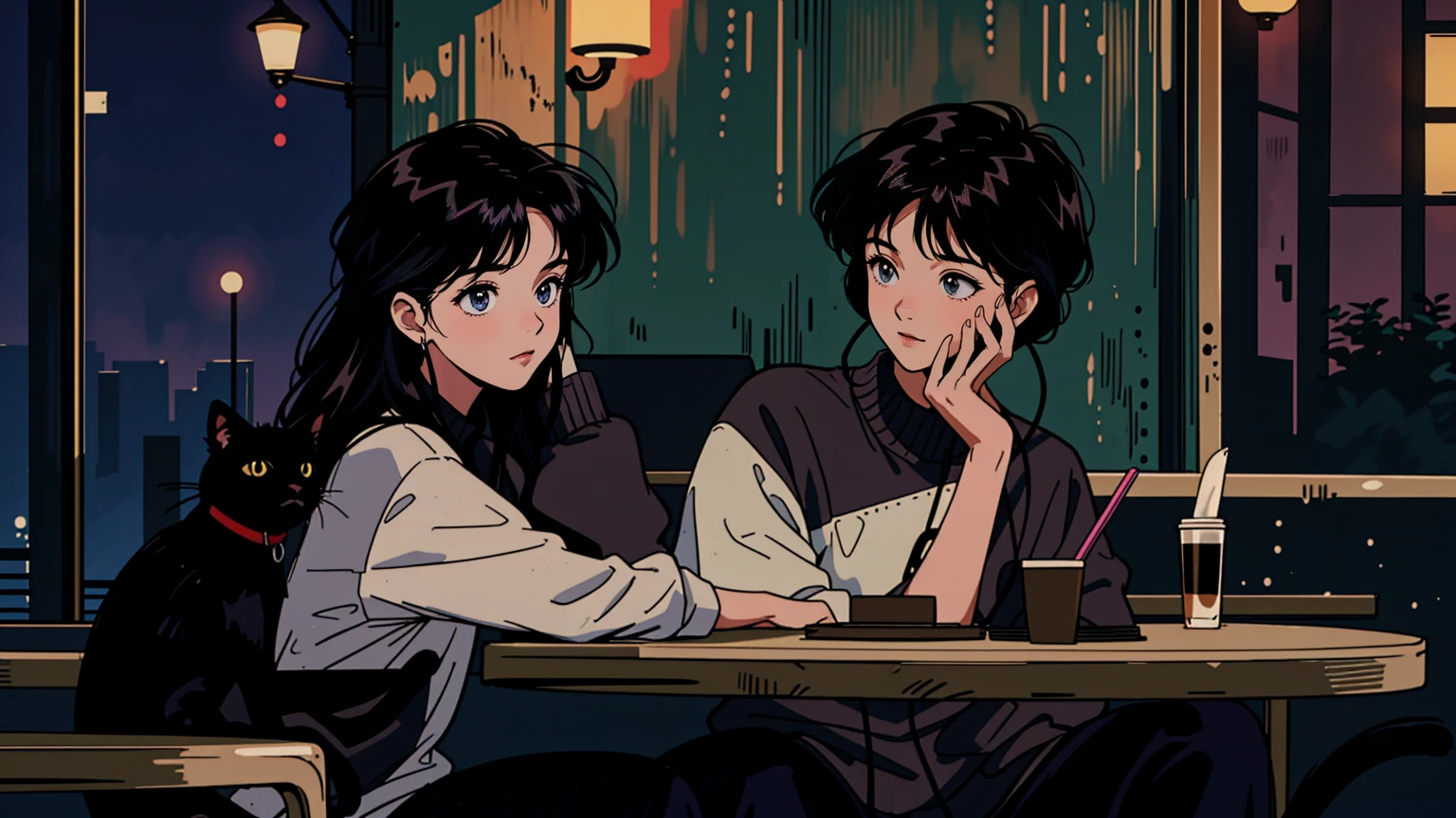 best quality, 8k, 1990s style,2010s hairstyles, 21 year old girl, black hair, long hair, light brown eyes, city pop, pants ,night view, wearing headphones, whole body, relax coffee,table,confection,Looking at me, Black cat, girl studying