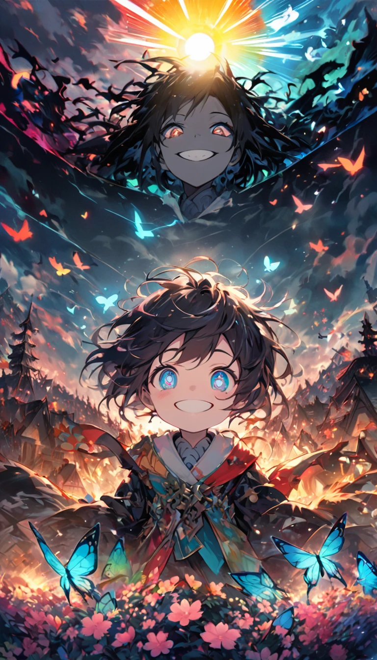 Left Half (Happiness)

Background:

	•	A flower field under a bright blue sky and radiant sun
	•	Birds flying and butterflies fluttering
	•	Cheerful cherry blossom trees and smiling children with vibrant colors

Expression:

	•	A gentle smile
	•	Bright, sparkling eyes
	•	Healthy rosy cheeks
	•	A naturally relaxed expression

Right Half (Madness)

Background:

	•	A dark forest or desolate landscape
	•	Black storm clouds and lightning
	•	Ruined buildings and charred trees

Expression:

	•	Eyes wide open with dilated pupils
	•	A manic grin
	•	Sunken cheeks and pale complexion
	•	A faint, eerie smile

Creating Cohesion

	•	Emphasize the contrast between the left and right halves through light and dark color schemes.
	•	Use a gradient in the middle to blend the two emotions seamlessly.
	•	Include a boundary line in the center to distinctly separate the two worlds.