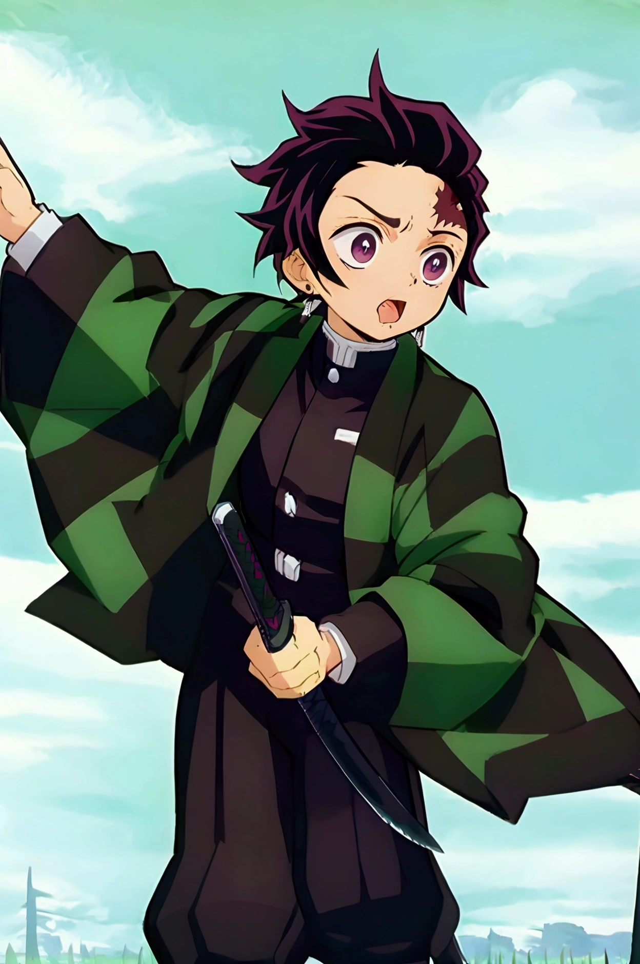 Zoomed out shot of Tanjiro  wearing full demon slayer uniform (green and black checkered coat), scar on forehead, holding katana, standing in the plain grass looking up in to the sky with pure blue clouds and the clouds are forming, rain is falling, highly detailed, 16k visuals