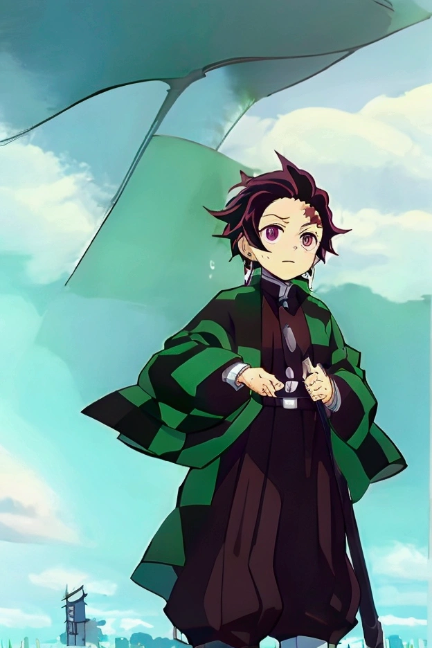 Zoomed out shot of Tanjiro wearing full demon slayer uniform (green and black checkered coat), scar on forehead, holding katana, standing in the plain grass looking up in to the sky with pure blue clouds and the clouds are forming, rain is falling, highly detailed, 16k visuals