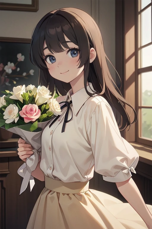 Medium display, Medium Shot, Depth of written boundary, bust, Upper Body, Movie angle, masterpiece, Highest quality, Very detailed, CG, 8k wallpaper, Beautiful Face, Delicate eyes, country々, alone, smile, bangs, skirt, shirt, Have, dress, bow, petal, bouquet