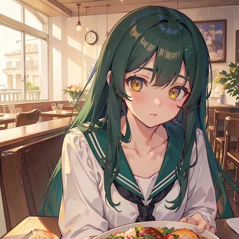 top quality,Perfect Face, long dark green hair, yellow eyes, collarbone，Sailor Suit、 Dating your loved one is an occasion for a special day.。Enjoy lunch or dinner at your favorite cafe or restaurant，Or watch a romantic，Make your time special.。