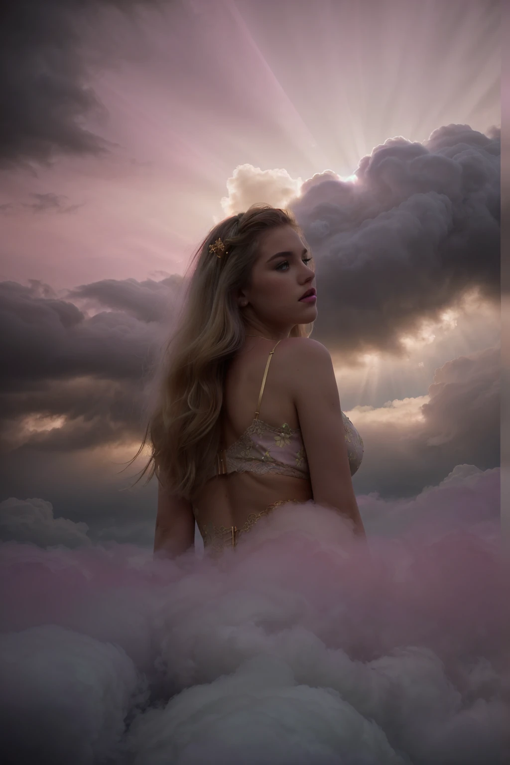 Dreamy Girl in Clouds at night - Double Exposure image at night, featuring A blonde curvy girl with very busty features. 18yo, soft makeup, puffy lips(bold pink-lips), porcelain skin(very pale skin), wide hips. She has long wavy blonde-hair(cascading over her shoulders)-((as she lies among fluffy and dark clouds-like pillows)). She is wearing a floral print, lingerie top(with gold lacings, intricate lace patterns, that accentuates her large breasts, backlighting and adds to the ethereal quality of the scene), hair-ornament. bottomless, surrounded by a fluffy clouds(Clouds cover her genitals). ((Light Trails of thunders, Incorporate light trails around the subject to simulate motion and add a sense of dynamism and energy)), surrounded by a fluffy clouds(Clouds cover her genitals). The girl is lying(on her side) on the fluffy clouds, she is surrounded by fluffy clouds. ((The setting is a dreamy dark cloud-like environment created(with soft, dark, fluffy material that mimics the appearance of clouds). backlighting enhances the dreamlike quality.)) Double Exposure Elements(( Intricate overlay: A field of blooming flowers in soft pastel shades and lighting thunders, blending seamlessly with the fluffy dark clouds and thunders))-to enhance the dreamlike atmosphere. ((Color Palette: gold/black from the primary scene, combined with pastel pinks/purples/and greens from the floral overlay)).