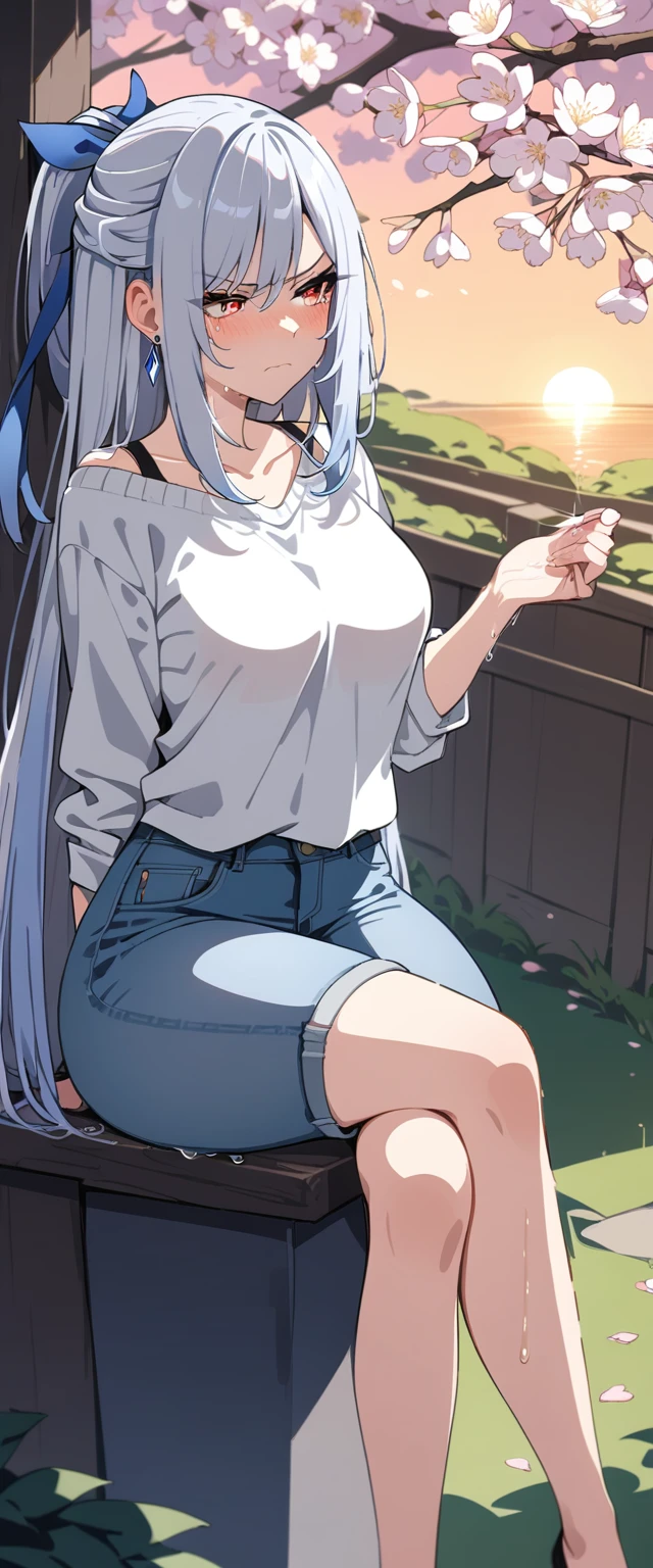 (masterpiece:1.37), best quality, (extremely detailed:1.37), (1girl:1.5), woman, (mature:1.5), (adult:1.5), jingliu, white hair, long hair, ponytail, hair ribbon, red eyes, earrings, jewelry, (jeans:1.25), (extremely detailed eyes:1.37), (wetting self:1.75), desperation, (standing:1.75), embarrassed, humiliation, blushing, (angry:1.5), cherry blossoms, garden, (golden hour:1.5), full body, (legs crossed:1.75), from above
