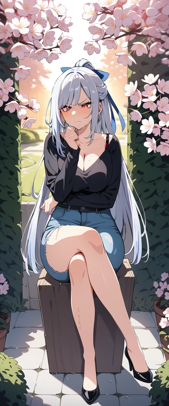 (masterpiece:1.37), best quality, (extremely detailed:1.37), (1girl:1.5), woman, (mature:1.5), (adult:1.5), jingliu, white hair, long hair, ponytail, hair ribbon, red eyes, earrings, jewelry, (jeans:1.25), (extremely detailed eyes:1.37), (wetting self:1.75), desperation, (standing:1.75), embarrassed, humiliation, blushing, (angry:1.5), cherry blossoms, garden, (golden hour:1.5), full body, (legs crossed:1.75), from above