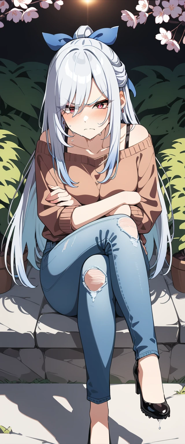 (masterpiece:1.37), best quality, (extremely detailed:1.37), (1girl:1.5), woman, (mature:1.5), (adult:1.5), jingliu, white hair, long hair, ponytail, hair ribbon, red eyes, earrings, jewelry, (jeans:1.25), (extremely detailed eyes:1.37), (wetting self:1.75), desperation, (standing:1.75), embarrassed, humiliation, blushing, (angry:1.5), cherry blossoms, garden, (golden hour:1.5), full body, (legs crossed:1.75), from above