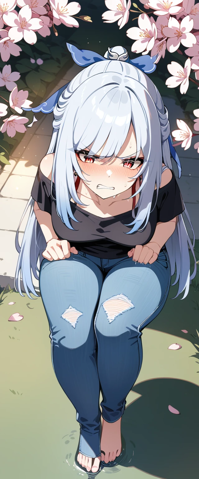 (masterpiece:1.37), best quality, (extremely detailed:1.37), (1girl:1.5), woman, (mature:1.5), (adult:1.5), jingliu, white hair, long hair, ponytail, hair ribbon, red eyes, earrings, jewelry, (jeans:1.25), (extremely detailed eyes:1.37), (wetting self:1.75), desperation, (standing:1.75), embarrassed, humiliation, blushing, (angry:1.5), cherry blossoms, garden, (golden hour:1.5), full body, (legs crossed:1.75), from above