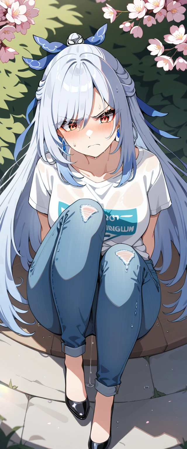(masterpiece:1.37), best quality, (extremely detailed:1.37), (1girl:1.5), woman, (mature:1.5), (adult:1.5), jingliu, white hair, long hair, ponytail, hair ribbon, red eyes, earrings, jewelry, (jeans:1.25), (extremely detailed eyes:1.37), (wetting self:1.75), desperation, (standing:1.75), embarrassed, humiliation, blushing, (angry:1.5), cherry blossoms, garden, (golden hour:1.5), full body, (legs crossed:1.75), from above