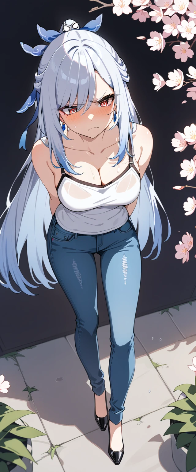 (masterpiece:1.37), best quality, (extremely detailed:1.37), (1girl:1.5), woman, (mature:1.5), (adult:1.5), jingliu, white hair, long hair, ponytail, hair ribbon, red eyes, earrings, jewelry, (jeans:1.25), (extremely detailed eyes:1.37), (wetting self:2.0), desperation, (standing:1.5), embarrassed, humiliation, blushing, angry, cherry blossoms, garden, (golden hour:1.5), full body, (crossing legs:1.5), from above