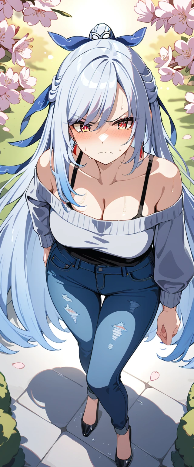 (masterpiece:1.37), best quality, (extremely detailed:1.37), (1girl:1.5), woman, (mature:1.5), (adult:1.5), jingliu, white hair, long hair, ponytail, hair ribbon, red eyes, earrings, jewelry, (jeans:1.25), (extremely detailed eyes:1.37), (wetting self:1.75), desperation, (standing:1.75), embarrassed, humiliation, blushing, (angry:1.5), cherry blossoms, garden, (golden hour:1.5), full body, (legs crossed:1.75), from above