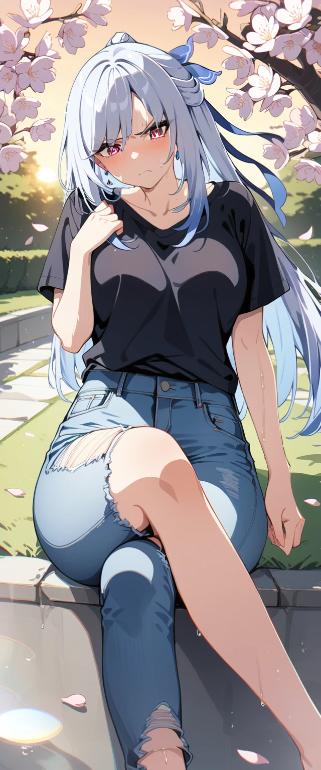 (masterpiece:1.37), best quality, (extremely detailed:1.37), (1girl:1.5), woman, (mature:1.5), (adult:1.5), jingliu, white hair, long hair, ponytail, hair ribbon, red eyes, earrings, jewelry, turtleneck sweater, jeans, (extremely detailed eyes:1.37), (wetting self:2.0), desperation, standing, embarrassed, humiliation, blushing, angry, cherry blossoms, garden, (golden hour:1.5), full body