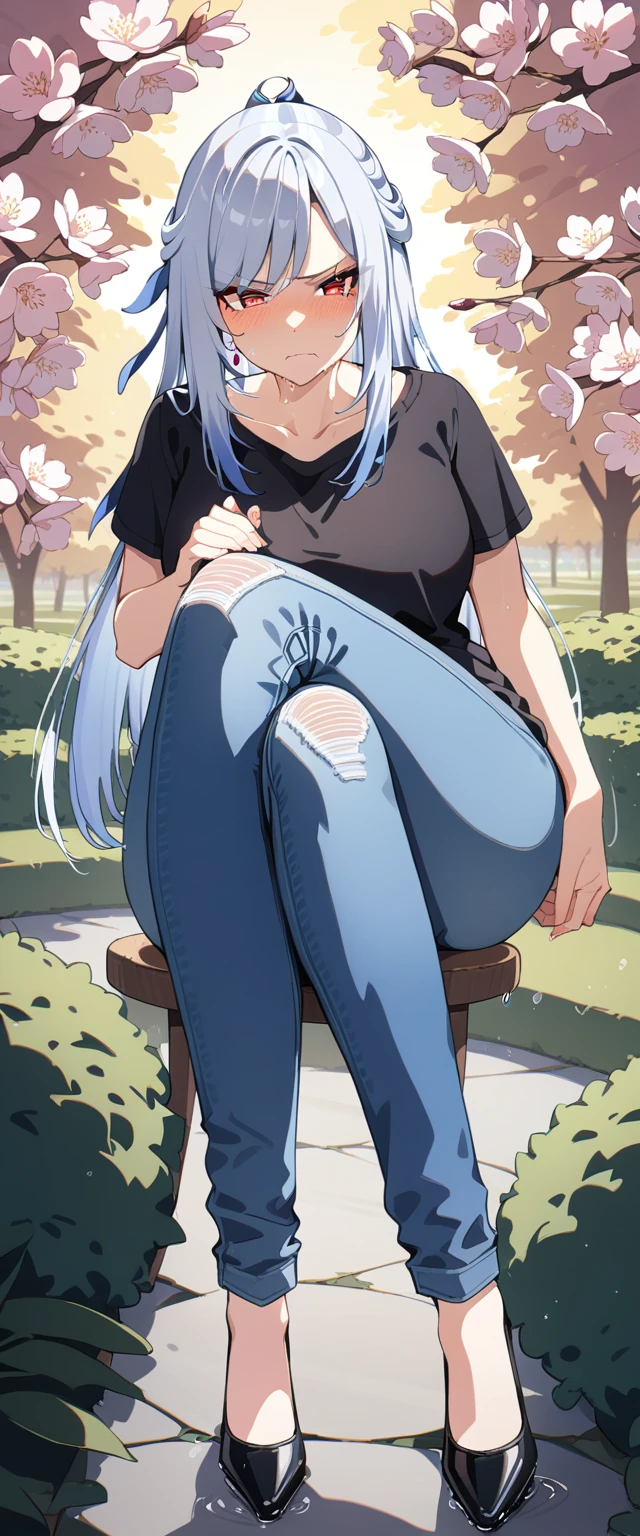 (masterpiece:1.37), best quality, (extremely detailed:1.37), (1girl:1.5), woman, (mature:1.5), (adult:1.5), jingliu, white hair, long hair, ponytail, hair ribbon, red eyes, earrings, jewelry, (jeans:1.25), (extremely detailed eyes:1.37), (wetting self:1.75), desperation, (standing:1.75), embarrassed, humiliation, blushing, (angry:1.5), cherry blossoms, garden, (golden hour:1.5), full body, (legs crossed:1.75), from above