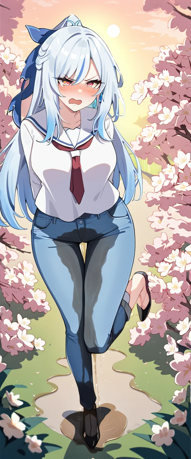 (masterpiece:1.37), best quality, (extremely detailed:1.37), (1girl:1.5), woman, (mature:1.5), (adult:1.5), jingliu, white hair, long hair, ponytail, hair ribbon, red eyes, earrings, jewelry, (jeans:1.25), (extremely detailed eyes:1.37), (wetting self:2.0), desperation, (standing:1.5), embarrassed, humiliation, blushing, angry, cherry blossoms, garden, (golden hour:1.5), full body, (crossing legs:1.5), from above