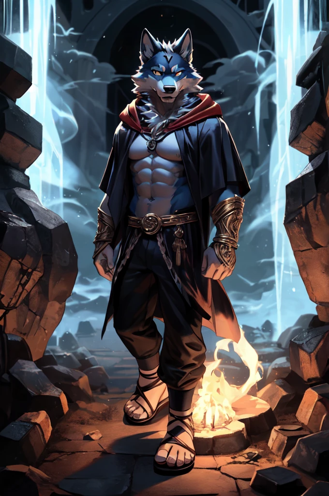 (((Barefoot furry character, full body, cinematic setting, furry male, plantigrade))), (((wearing sandals)))
(((Hades))) - (((God of the Underworld))) depicted as a mysterious (((wolf))) anthro with charcoal-gray fur and glowing amber eyes. He wears a dark hooded cloak that billows around him. Hades sits barefoot amidst eerie mist and shadows, with spectral forms and ghostly apparitions in the background. Symbols of the underworld like skeletal remains and obsidian pillars surround him. Cerberus, the three-headed dog, is at his side.
BREAK, detailed background, 8K, (masterpiece:1.5), intricate details, highly detailed, extreme detail, octane render, fine art, best quality, highres, (detailed face:1.5), ((full_body)), UHD, (((perfect hands))), (((perfect feet))), low light