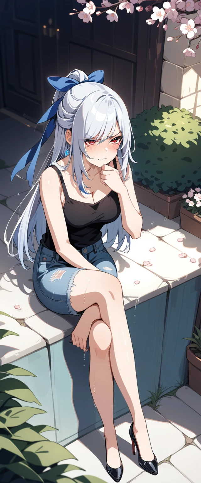 (masterpiece:1.37), best quality, (extremely detailed:1.37), (1girl:1.5), woman, (mature:1.5), (adult:1.5), jingliu, white hair, long hair, ponytail, hair ribbon, red eyes, earrings, jewelry, (jeans:1.25), (extremely detailed eyes:1.37), (wetting self:1.75), desperation, (standing:1.75), embarrassed, humiliation, blushing, (angry:1.5), cherry blossoms, garden, (golden hour:1.5), full body, (legs crossed:1.75), from above