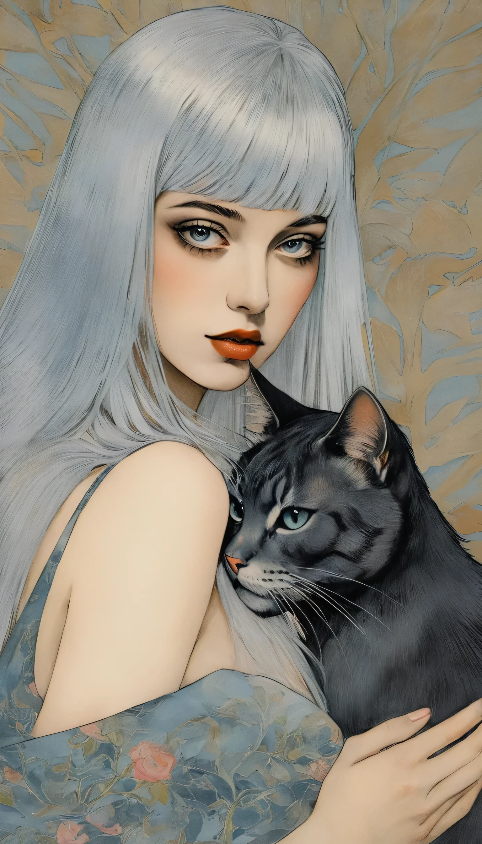 Sensual illustration of a lascivious princess and her cat, using chiaroscuro (((Silver straight hair with bangs:1.4、Beautiful Eyes) , Vintage ,Silk dress, Matte Paint, John Singer Sargent, by Katsuya Terada、 Very soft color, Dark Vivid, Dark Gray Pastel, Very detailed, Digital Art, High Contrast, dramatic, Sophisticated, tone, Intimate, Sensuality and romance、Masterpiece、Minimalist、Pop surrealism、pop art、drawing、Beautiful Face、Pop Art、