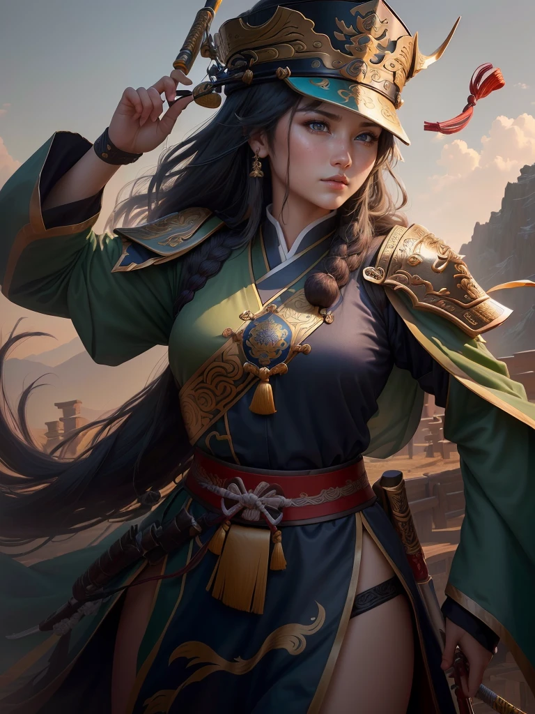 a woman with a bow and a bow in his hand, guan yu, bian lian, naranbaatar ganbold, inspired by Cao Zhibai, inspired by Hu Zaobin, inspired by Fan Kuan, inspired by Li Kan, mongol, inspired by Huang Shen, by Qu Leilei, inspired by Jang Seung-eop, a close up of a girl with a sword and a hat, guan yu, inspired by Hu Zaobin, naranbaatar ganbold, masamune shiro, bian lian, mongol, masamune, feng shu, inspired by Cao Zhibai, inspired by Huang Ding, genghis khan, inspired by Huang Shen, zhao yun, Highly detailed CG unit 8k wallpaper, masterpiece, High resolution, highest quality, highest quality real texture skin, Super Real, Digital Painting, Best image quality, 最High resolution, 8k, ((Highly detailed eyes and face, Beautiful eyes every detail)), 1girl, Full Body Shot, 1girl, Saggy breasts, Gravity-dependent breasts, long chest, Heavy chest, disproportionate breasts, huge breasts, sagging breasts, gigantic breasts, (erect nipple), Cleavage cut out,