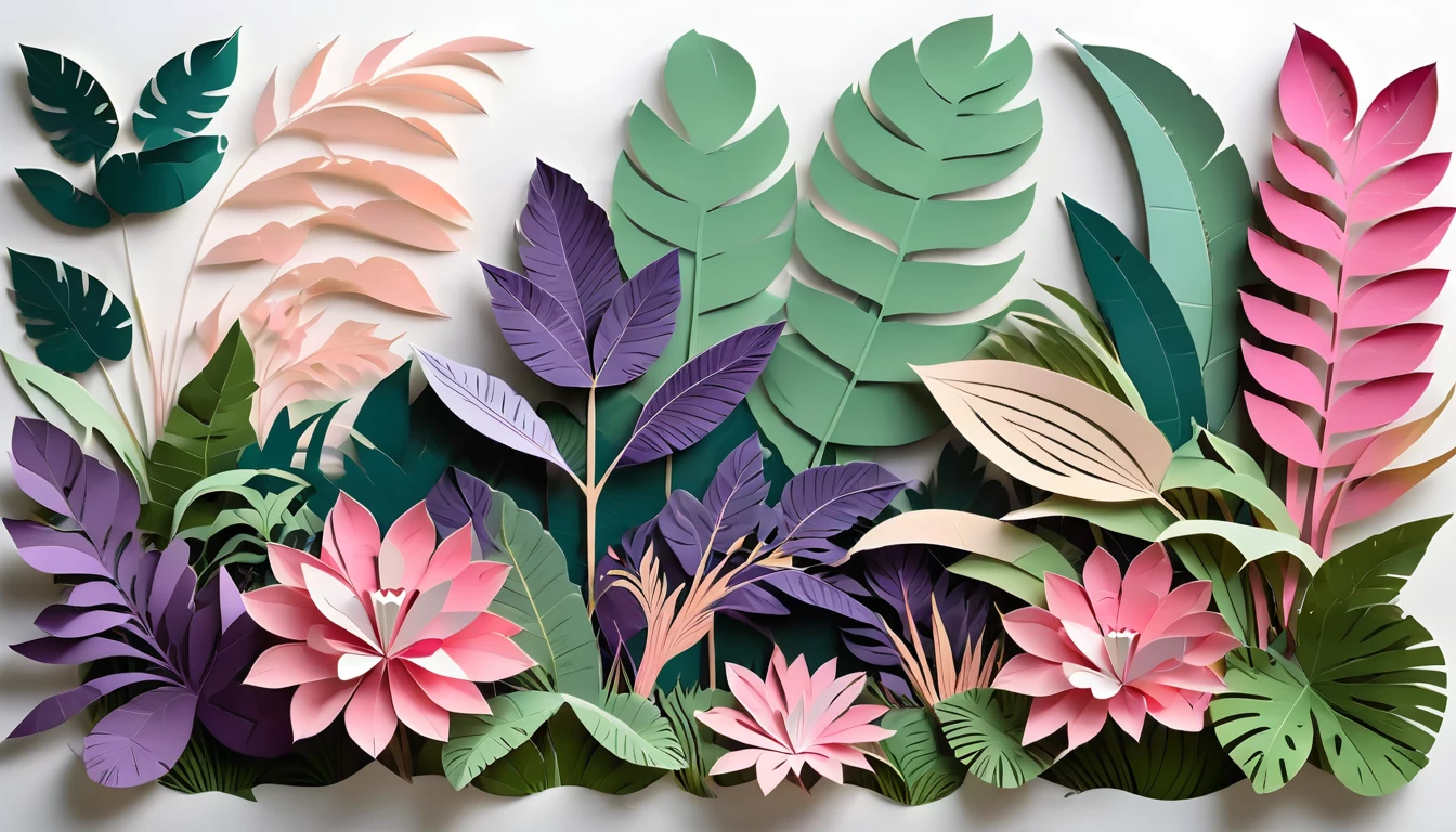 paper cutting art, papercut, west papuan native plant, tropical plants, banana leaf, single layer, (Flat paper cutout, digital art), Against a pure white background, vector illustration, papercut style, purple, pink, natural colours, high quality image, borders page, natural green