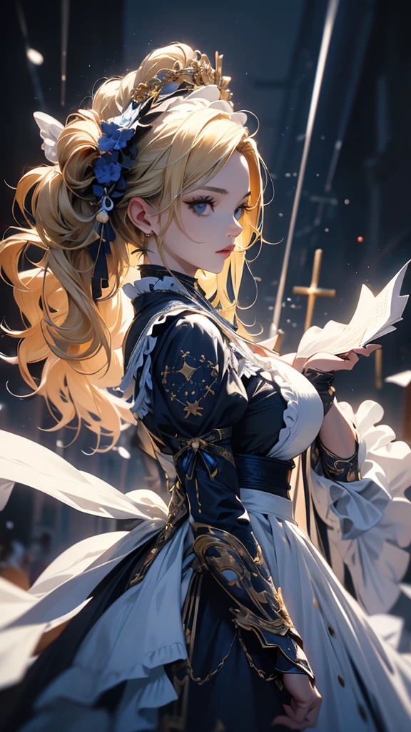 masterpiece, high quality, 4K, Beautiful design, silhouette,blonde, Highly detailed and amazing starry sky, Finer details, Very knowledgeable woman, Highly detailed solo, 1 female,Big Breasts,White Lolita Fashion,cross,