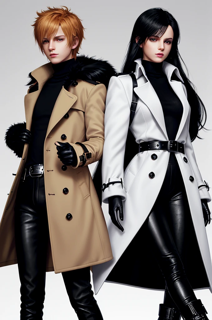 Final fantasy taste and reality graphics, Japanese young cute and cool ikemen boy and cute and beauty girl,,boy and girl couple, both age is early 20s, thin eyebrows and beady eyes, girl is black long hair, boy wearing orange beige color double brest very thick trench coat, with a black color neck fur.,neck fur is black color, must black neck fur,
Must tighten your belt of coat, with epaulet, must close the front of the trench coat,, must trench coat cloth the front, also wearing black very thick turtleneck lackluster shirts, tight black leather pants, shiny black leather tight and must put on a thin leather glove both hands, black leather knee-high raceup boots,
Girl wearing white colordouble brest very thick long coat,Must tighten your belt of coat, must trench coat cloth the front, also wearing black very thick turtleneck lackluster shirts, tight black leather pants, shiny black leather tight and must put on a thin leather glove both hands, black leather knee-high raceup boots,must views head-to-toe,must views whole body, boy and girl looks like fashion model,Do not show skin from the neck down,leather jacket leather glove and leather pants have few wrinkles,boy in the room,,Avoid showing your innerwear,must close coats waist belt.