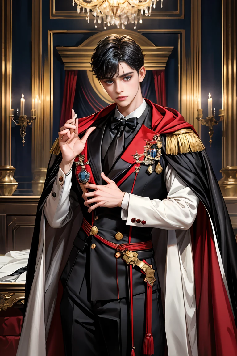 masterpiece, 最high quality, high quality, 1 boy, alone, Male focus, Watching the audience, Messy black hair, Adorable big blue eyes, White people, Noble, Noble,Sexy voluminous black and red cape、Tuxedo、A very voluminous, large, very large, very large, long, long red and black cape with a high stand-up collar, reaching down to the floor, made of a lot of fabric., 17 years old,Cute beautiful boys,Cute, cute, kind, handsome guy