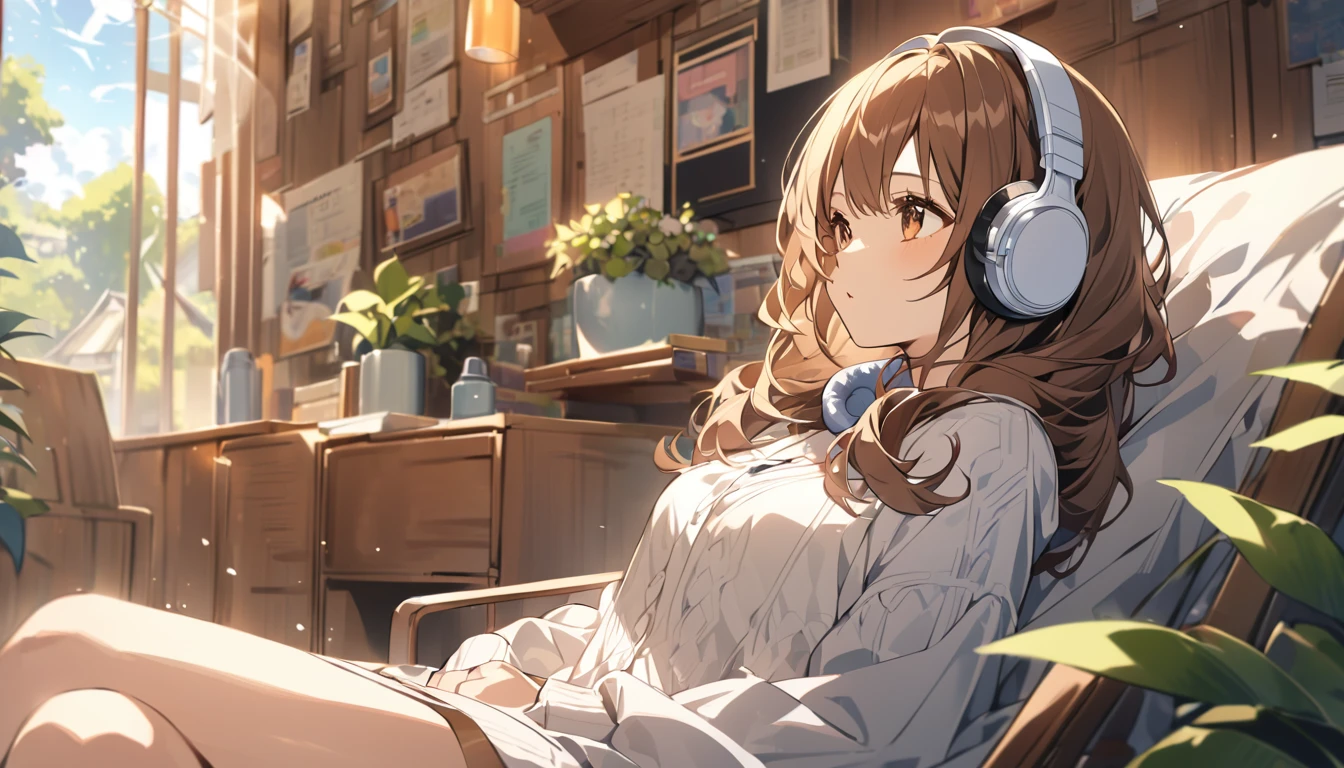 Girl wearing headphones,Brown Hair,1 person,bright,Detailed Background,「Dreaming Afternoon」 - Relaxing in the afternoon