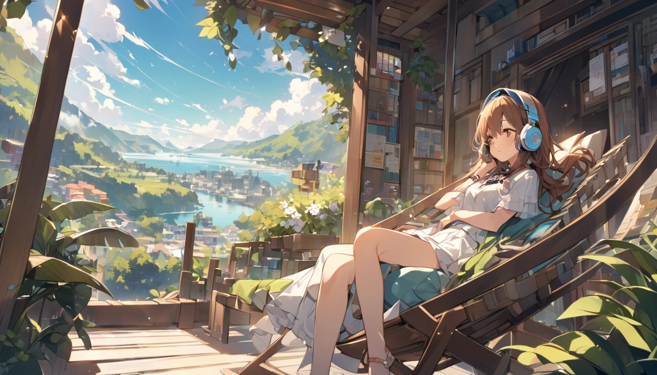 Girl wearing headphones,Brown Hair,1 person,bright,Detailed Background,「Dreaming Afternoon」 - Relaxing in the afternoon