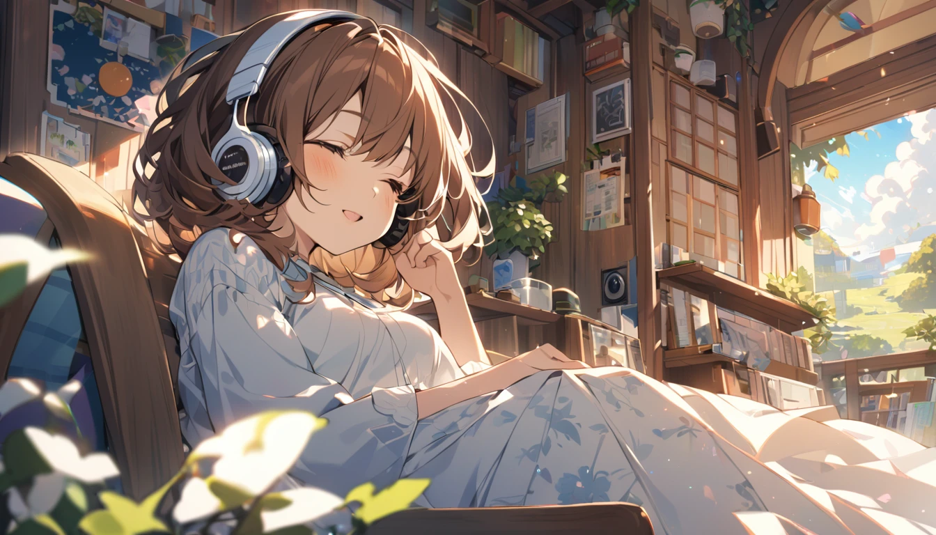 Girl wearing headphones,Brown Hair,1 person,bright,Detailed Background,「Dreaming Afternoon」 - Relaxing in the afternoon