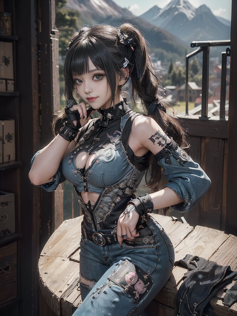 (Full Body View:1.2)、(Side view:1.1)、(Smiling with teeth showing:1.3),(Shibuya Gal:1.5)、(Beautiful:1.3)、(Gothic Lolita style fashion:1.5)、(Punk RockVisual Kei:1.5)、(Wearing a rhythmic gymnastics bodysuit with intricate details:1.4)、(Racing suit and pants with intricate decoration in beige, denim and charcoal:1.5)、(Denim and black and brown boots:1.3)、((belt))、(Numerous delicate logo marks all over the costume:1.4)、(collar:1.3)、(Polka dot underwear:1.5)、20-year-old、NSFW、((Highest quality、In 8K、masterpiece:1.3))、Sharp focus:1.2、(Layered Cut、Huge boobs:1.1),Beautiful woman with perfect figure:1.4、(do a gravure pose:1.3)、Slender Abs:1.2、Highly detailed face and skin texture、Detailed eyes、double eyelid,(Twin tails:1.3)、(Black brown hair:1.3)、Gravure idol、(The background is a vast mountain々Beautiful European tourist destinations:1.3)、(Slim Body:1.3),(Make your legs thinner:1.4),(clavicle:1.1)
