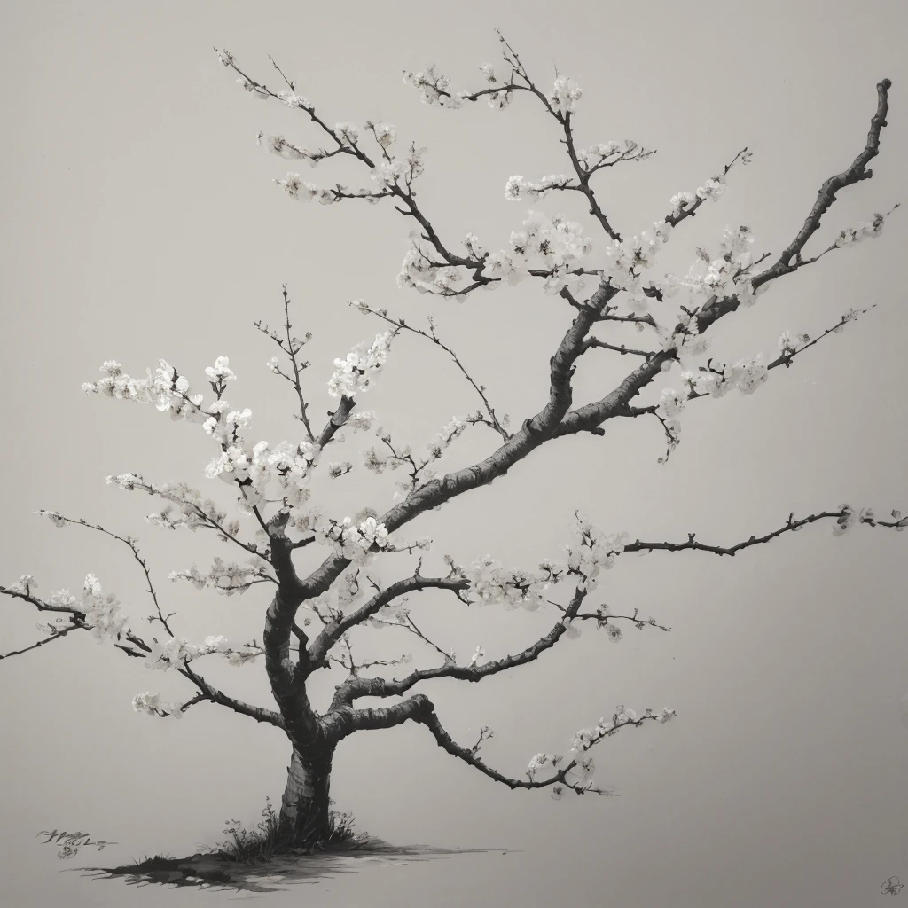 Penmanship,one cerry blossom tree,monochrome,old painting,white background