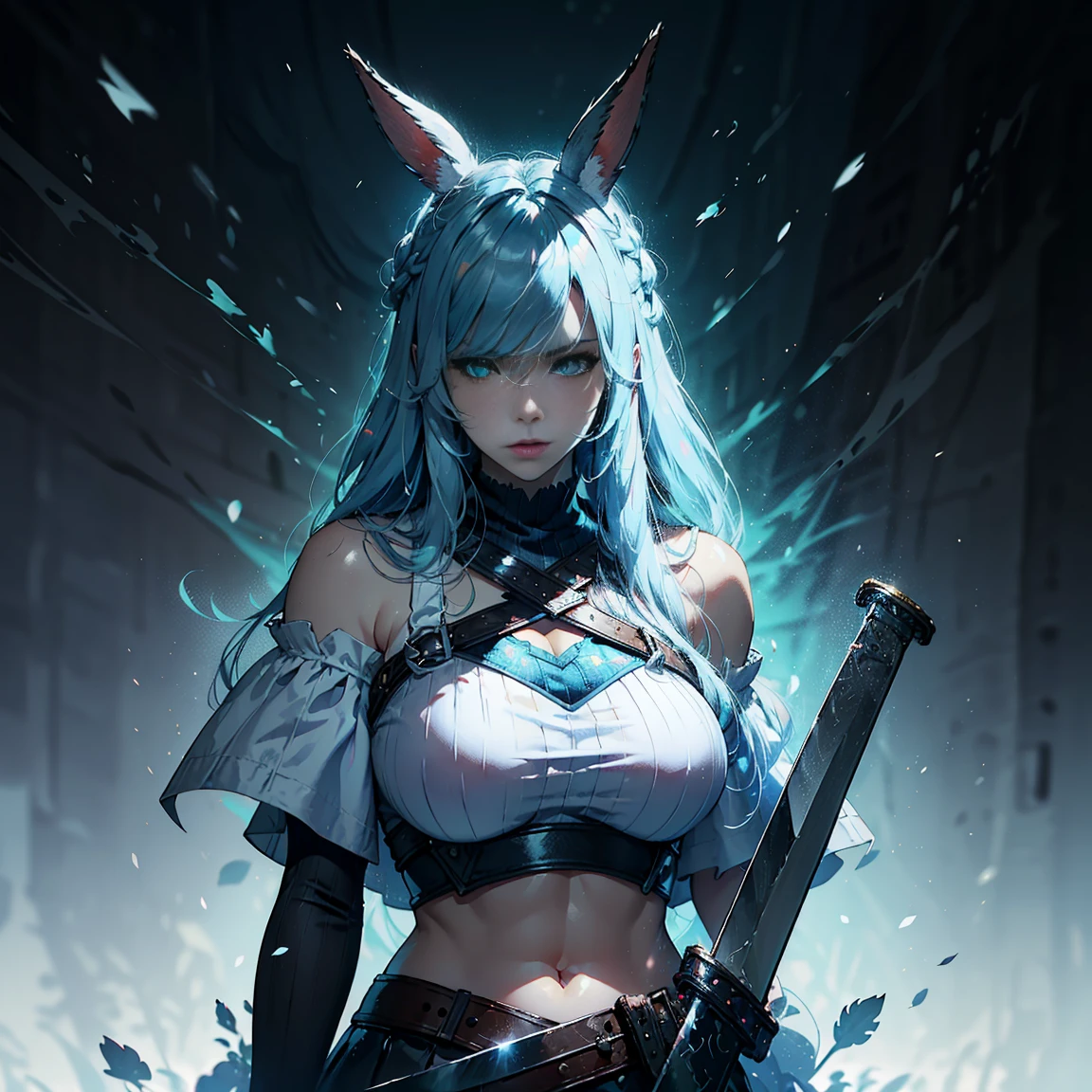 1girl, (solo), FFXIV_Viera, long hair, light blue hair, long rabbit ears, blue eyes, serious, arrogant, small lips, big breasts, big tall, white crop top, deep neckline, white skirt, black boots, ((buster_sword, huge_sword, holding_sword, sword_over_shoulder)):6, white skin, full body, arena, storm, (days), (very sexy body, detailed face, detailed eyes, masterpiece, highly detailed, 8k, best quality, vibrant colors, digital art, concept art)